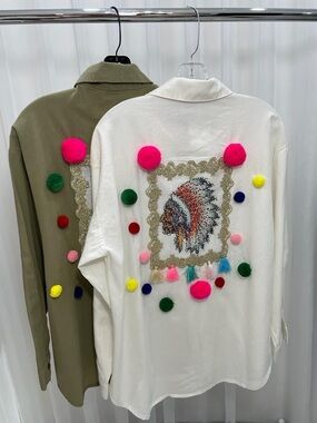 White Pom-Pom Embellished Button-Down Shirt with Colorful Back Motif